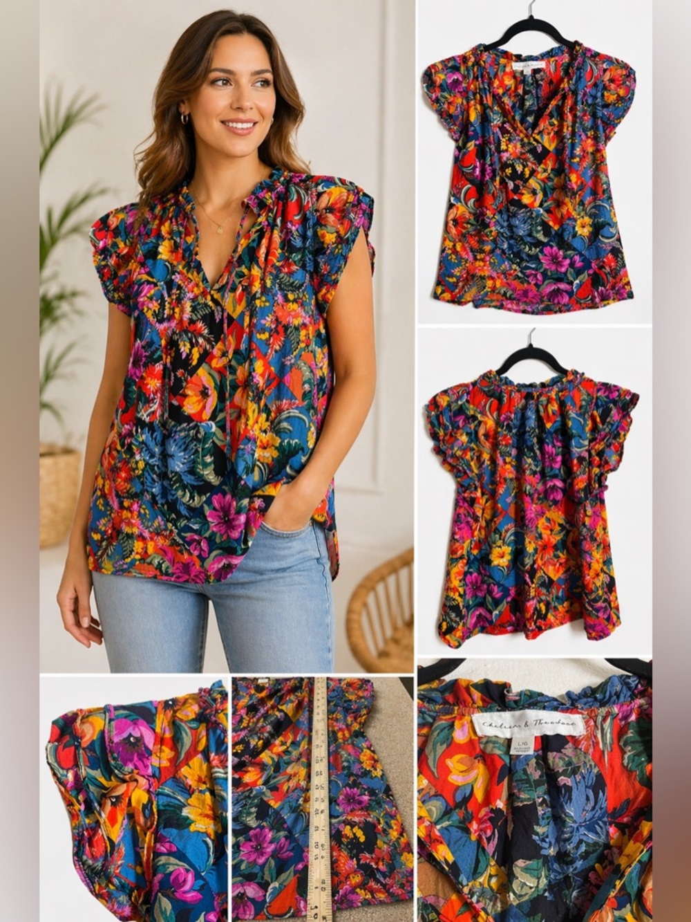 Chelsea & Theodore Floral Blouse  Size L Colorful Boho Tie Neck flutter neck